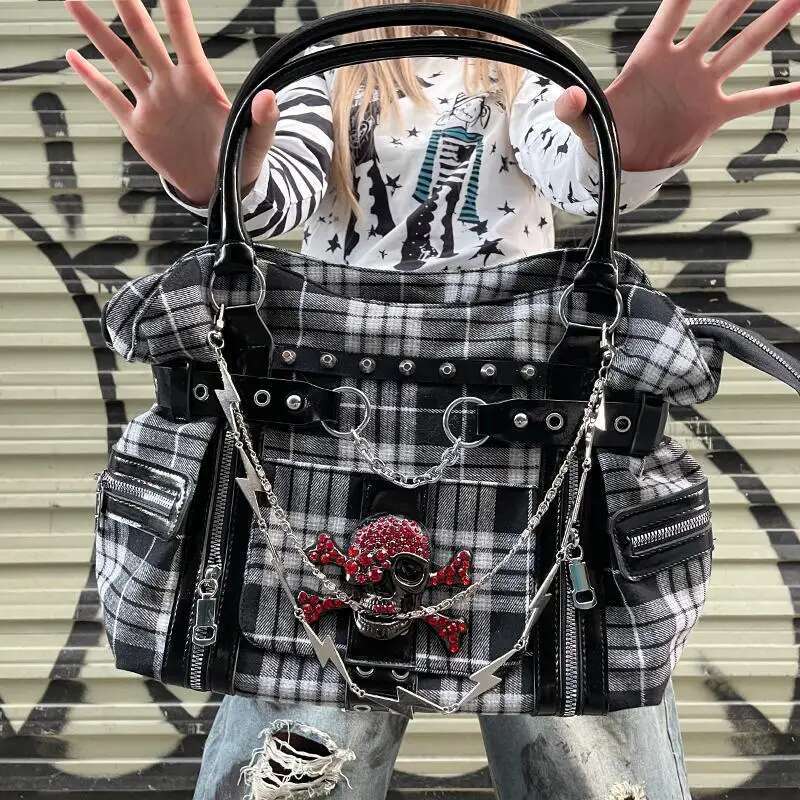 Borse da Donna Moda Y2k Nuova Originale Estetica Cartella a Quadri Tela Borsa a Spalla di Grande Capacità Carina Borsa a Shopper Ragazza Harajuku