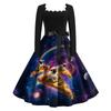 Women's Fashion Retro Long-sleeved Square Collar Christmas Printed Evening Dress