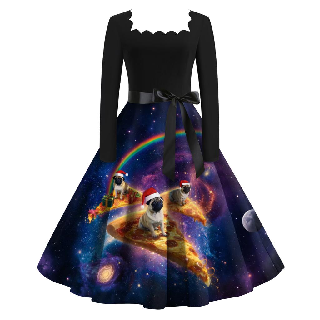 Women's Fashion Retro Long-sleeved Square Collar Christmas Printed Evening Dress