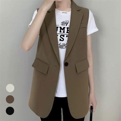 Tooxika New Women's Commuting Solid Color Suit Vest Mid-length Sleeveless Waistcoat Vest Cardigan Jacket