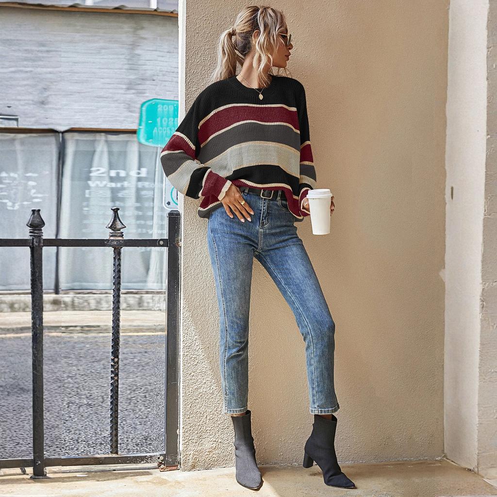 Women's Fashion Round Neck Sweater Lazy Loose Classic Striped Long Sleeves