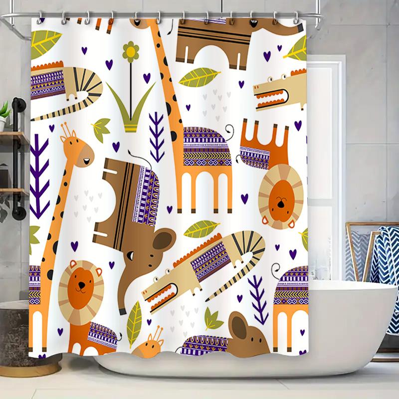 

Animal Print Shower Curtain Kids Bathroom Decor African Safari Theme With Lion And Elephant Orange Purple White Colorful Pattern W60H190(CM)-1 Pcs