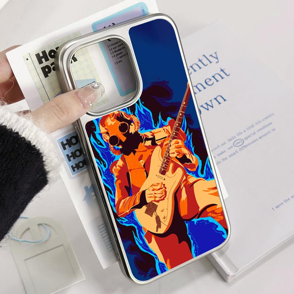 Cool Guitarist Swiss Poster Pattern Phone Case for iPhone 16 15 14 13 12 11 Pro Max Sheepskin Silver-edged Protective Case