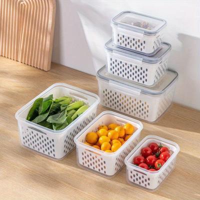 3 pçs/Conjunto Caixa Transparente de Camada Dupla para Conservação de Alimentos Frescos, Caixa de Plástico com Drenagem, Caixa de Armazenamento Selada Refrigerada Específica para Geladeira com Tampa