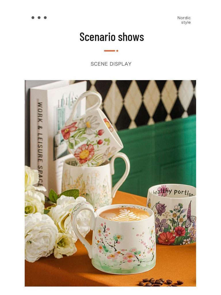 Large Capacity Hand-Painted Cartoon Flower Ceramic Mug - Souvenir Coffee & Water Cup