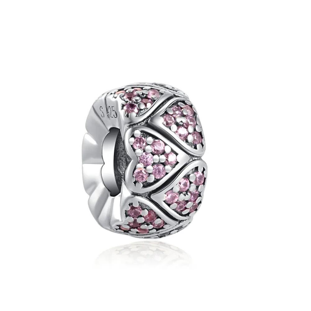 New Shining Zircon Love Heart Spacer Bead 925Silver Pendant for DIY Bracelet Flower Charm Women Jewelry Making
