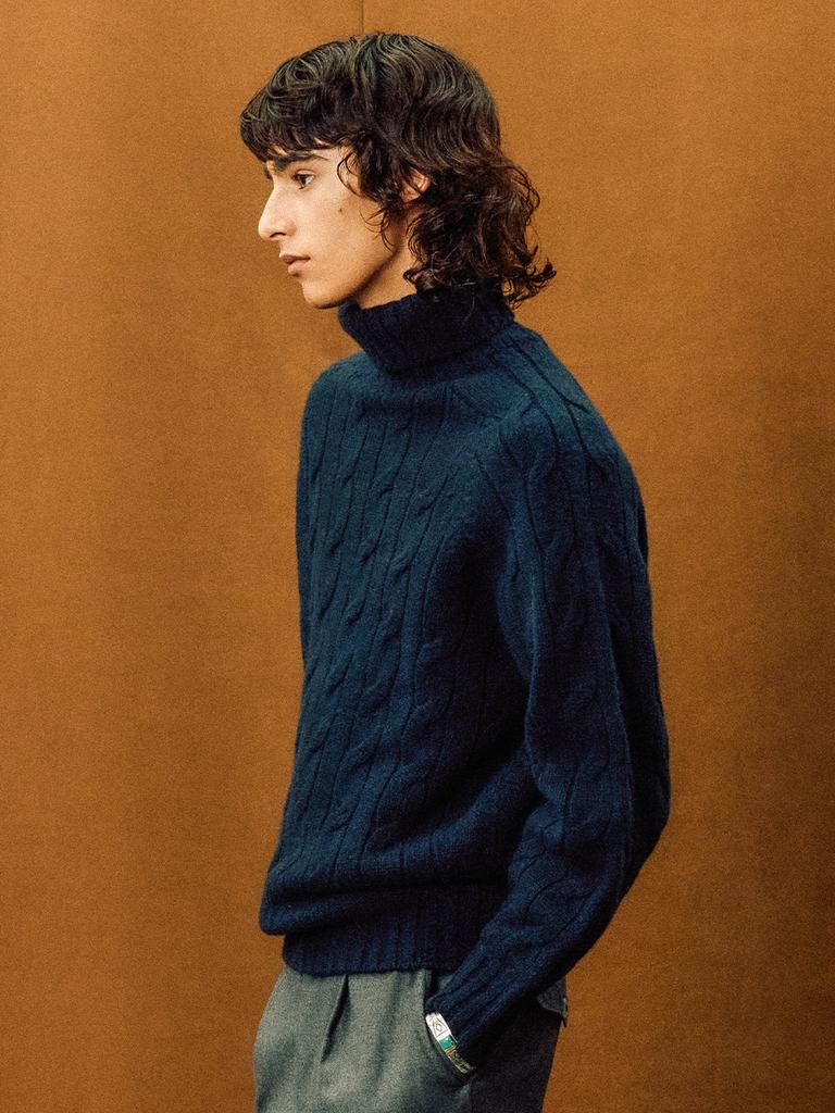 EDWARDMAX Navy 100% Wool Roll-Neck Sweater [Whole Garment, Cable]
