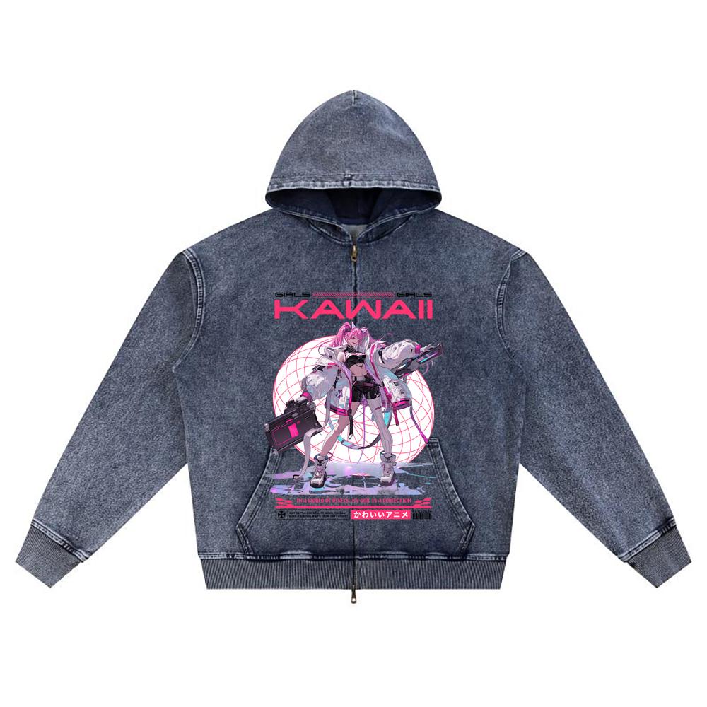DTG Print Knitted Denim Zip-Up Hoodie Kawaii Japan Anime Girl Y2K Futuristic Fashion Waifu Brother Print Zipper Hoodies  