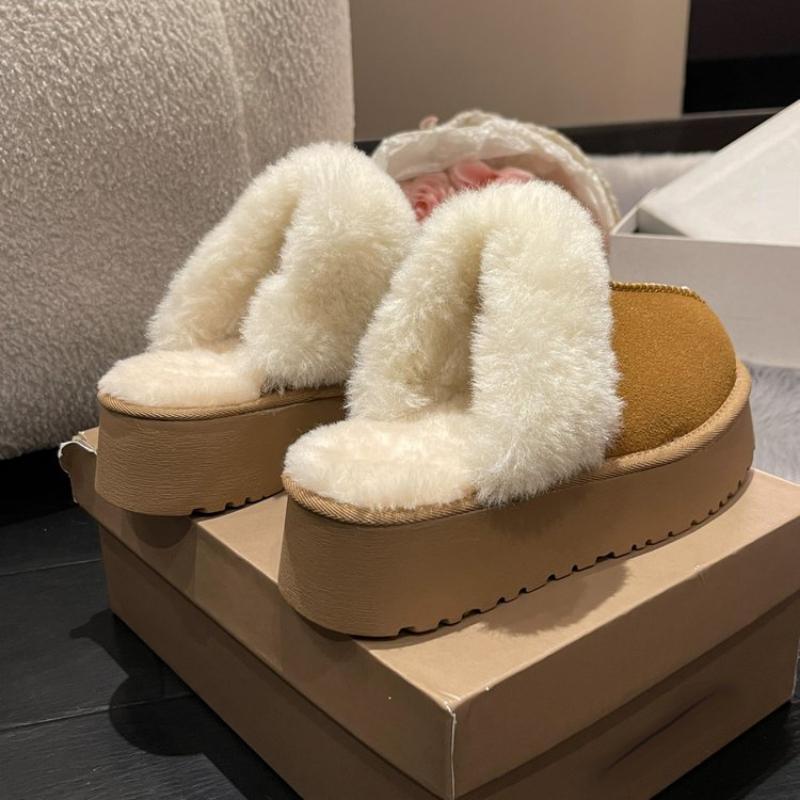 Women Home Slippers Winter Furry Slides Woman Casual Comfort Warm Flat Platform Flip Flops Cotton Bedroom Shoes