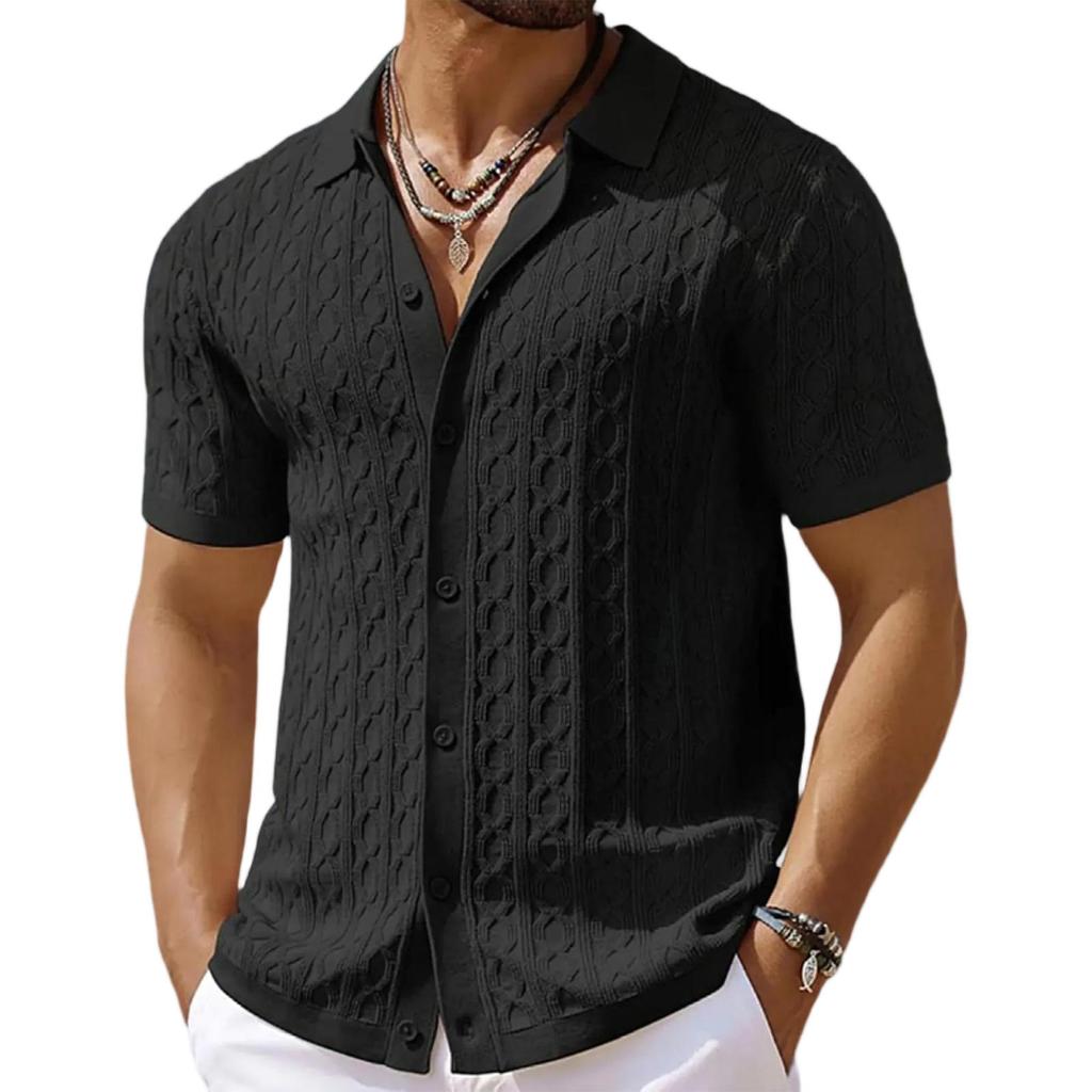 Men's Summer Casual Knit Jacquard Short Sleeve Cardigan Business Polo Shirt Button Front Lightweight Breathable Fabric