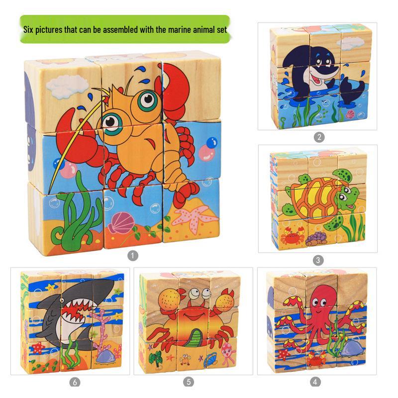 

3D Wooden Cartoon Puzzle Blocks for Kids - 9 Blocks, 6-Sided Jigsaw