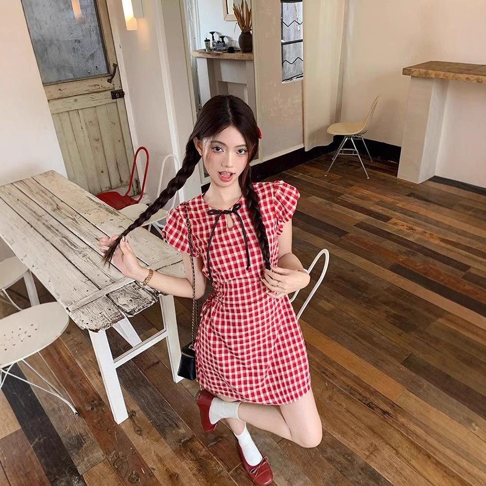 Sweet Spice Girl Hollow-out Design Plaid Dress Summer New Waist Skinny A-Word Short Skirt Female Chic
