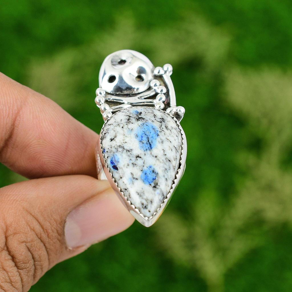 Statement Skull And Bone Adjustable Ring 925 Silver Natural K2 Jasper