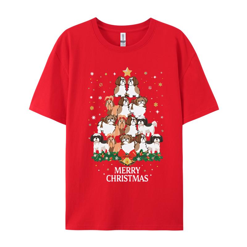 Xmas ShihTzu Dog Tree For Girls Tshirt ShihTzu Print T Shirts Cute Pattern Tee Shirts Unisex Cotton Comfy Tops Clothes S