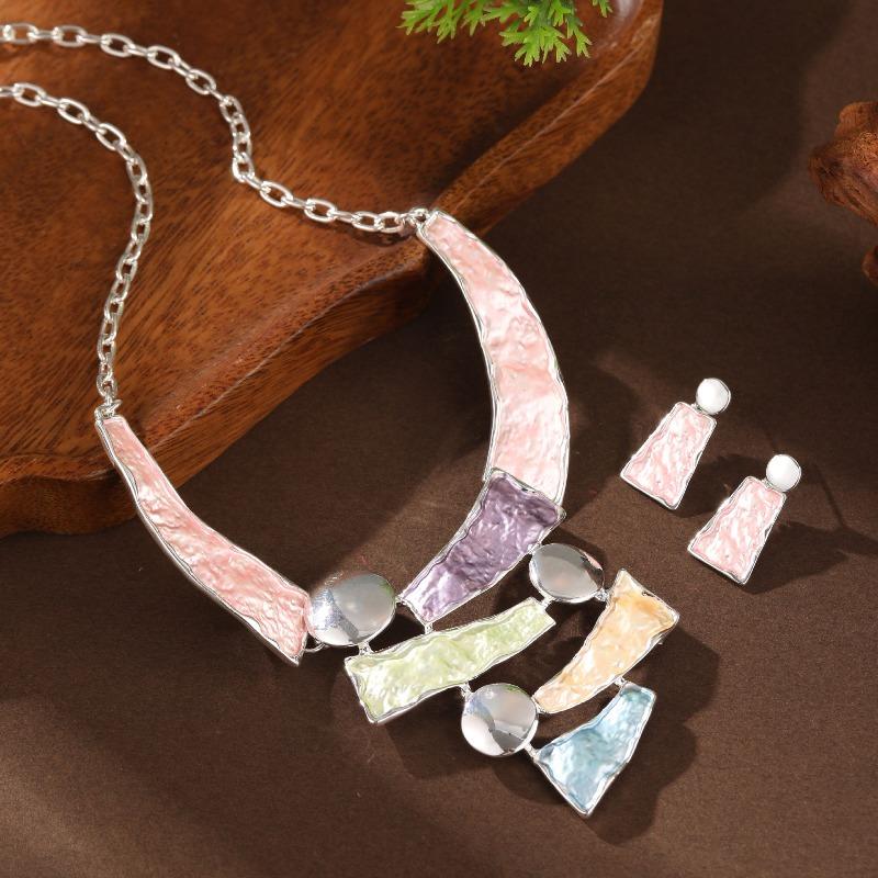 Colorful Paint Oil Hollowed-out Geometric Line Earrings and Necklace Set - Ladies' High-end Necklace Set
