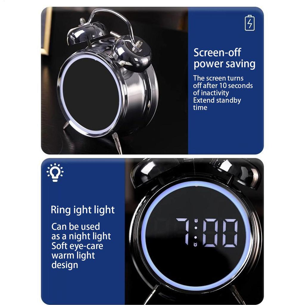 Retro Digital Alarm Clock LED Display Loud Bell Alarm Clock Analog 2 Bell High-pitched Alarm Clock Non Ticking For Heavy Sleeper