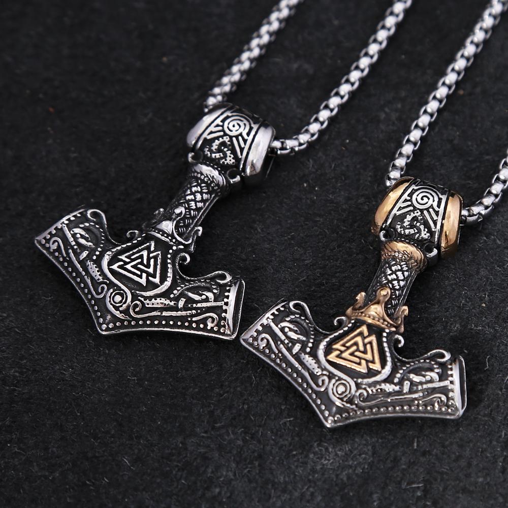 Fashion Vintage Viking Thor's Hammer Pendant Necklaces Punk Hip Hop Nordic Valknut Necklace Male Amulet Jewelry Gifts Wholesale