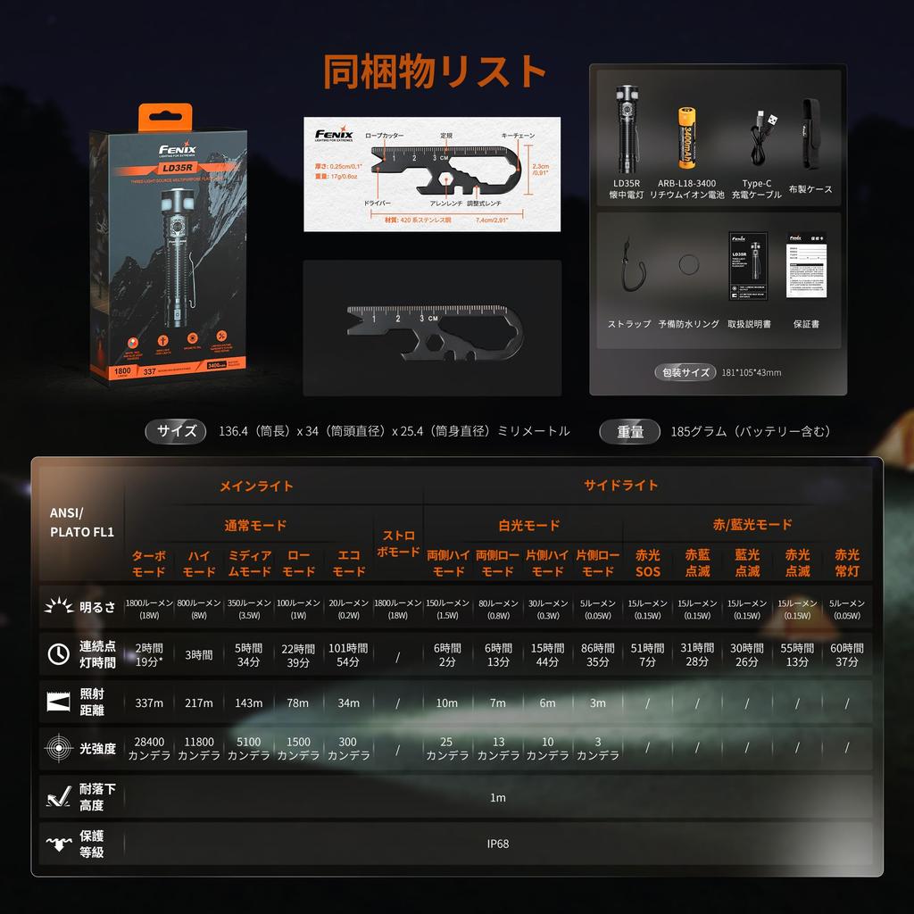 Fenix LD35R Rechargeable LED 1800 IP68 101 Hours 54 Minutes of Battery 337M Beam Portable High Ultra Perfect for Outdoor and 3400mAh Battery Powered