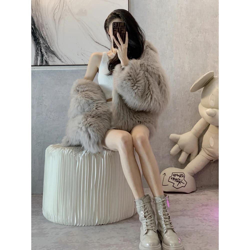 Winter Pelzmantel Damen Mittel und Lang Fuchspelz Kapuzenmantel Locker und Dünn Modisch und Umweltfreundlich Pelzmantel