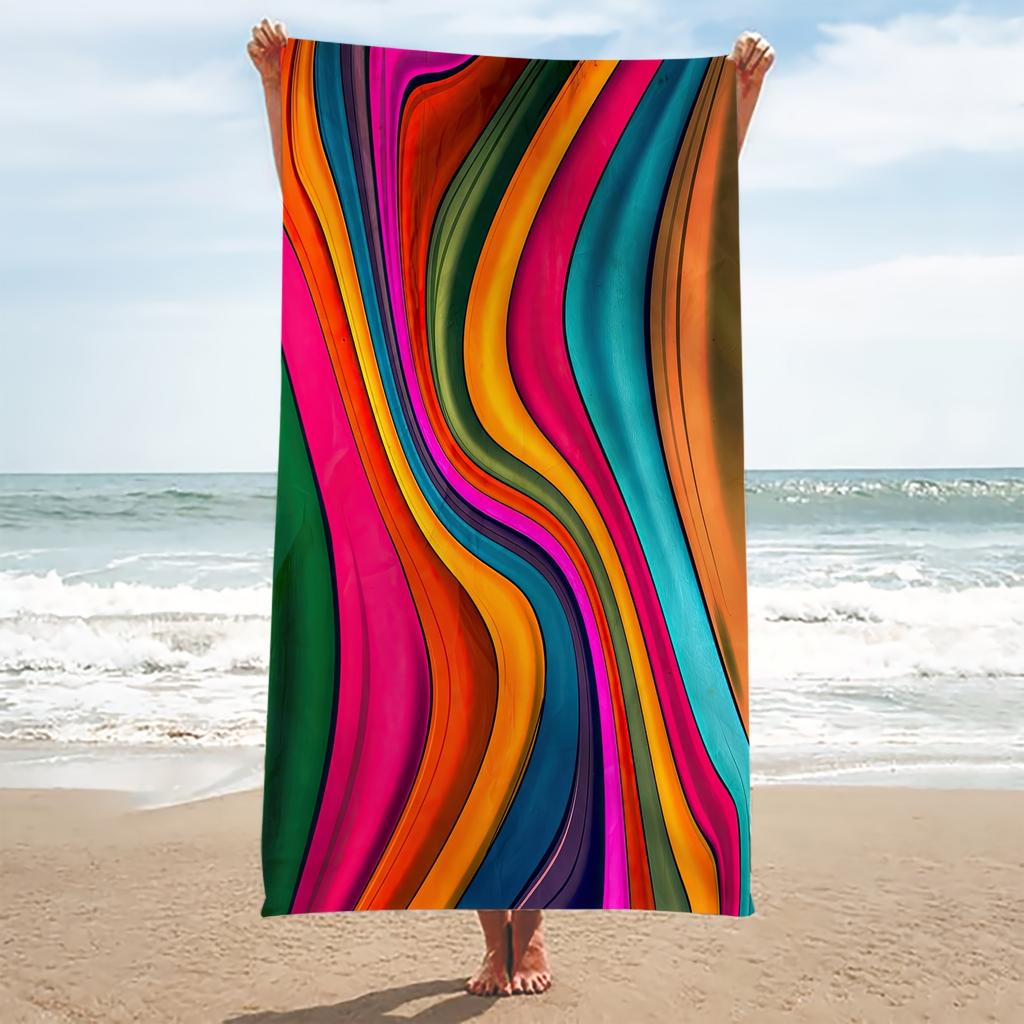 Vibrant Colorful Striped Beach Towel, Modern Artistic Design Quick-Dry Sand-Free Microfiber Bath Towel for Travel and Festival