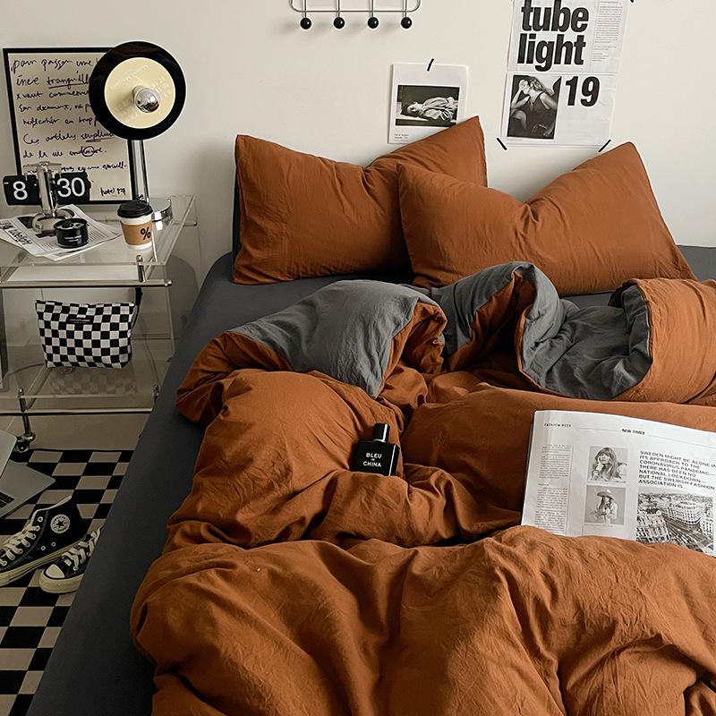 Bed Sheet Quilt Cover Nude Sleeping Pure Cotton Four-piece Set Washed Cotton Soft Bed Sheet Quilt Cover Solid Color Bedding
