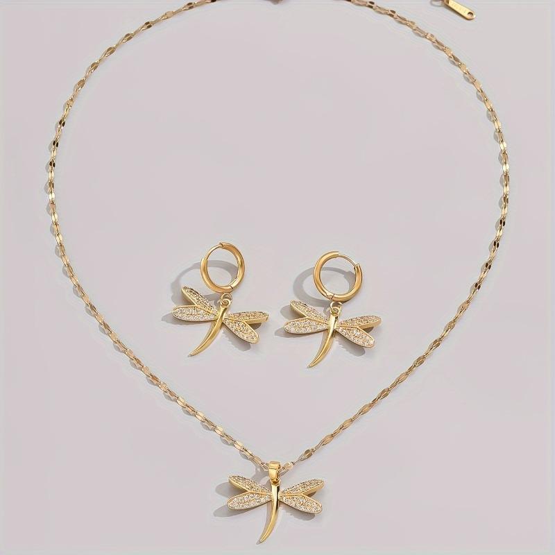 Fashion Gold Color Copper Dragonfly Earrings Necklace Set Zirconia Sparkling Temperament Women Wedding Jewellery Set Accessories