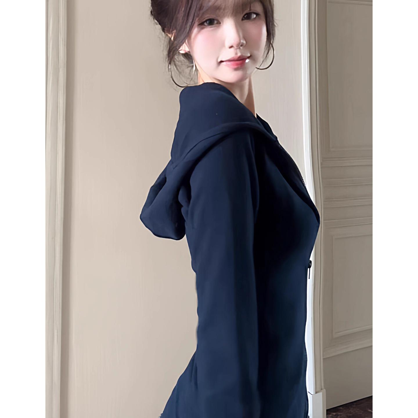 Джинсовая куртка Jin Liang темно-синяя ретро с капюшоном приталенная S