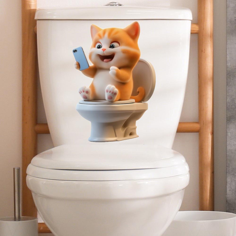 Cute Dog Looking At Phone Waterproof Self Adhesive Toilet Lid Sticker Bathroom Renovation Decor