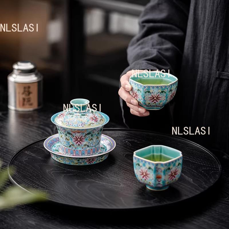 120ml Enamel Ceramic Lid Bowl Chinese Style Tea Bowl with Lid Household Large Capacity Tea Cup Kung Fu Tea Set Drinking Utensils