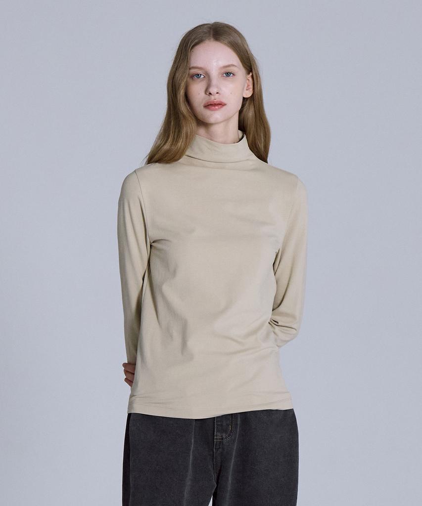 BASIC HOUSE Women'S High-Neck Stretch Long-Sleeve T-Shirt Beige Lats0219