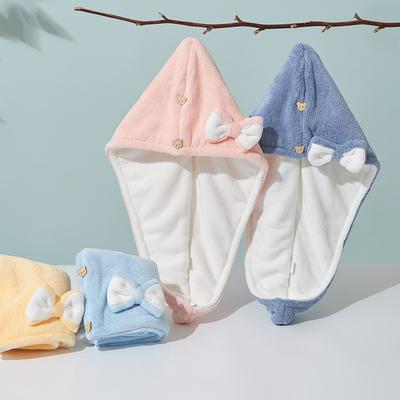 Cartoon Bow Knot Coral Fleece Hair Drying Cap Women Double Layer Absorbent Thick Towel Hat