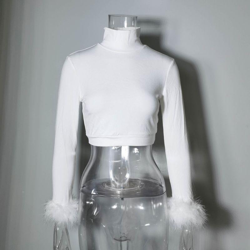 

High Necked Feather Sleep Slim Fit Top Turtleneck Feather Long Sleeve Slim-Fit Top White L