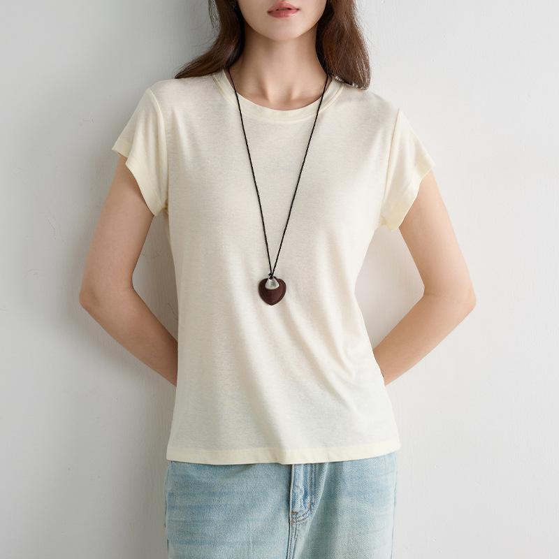 Womens Solid Color Round Neck Flutter Sleeve Breathable Summer Casual Linen T Shirt