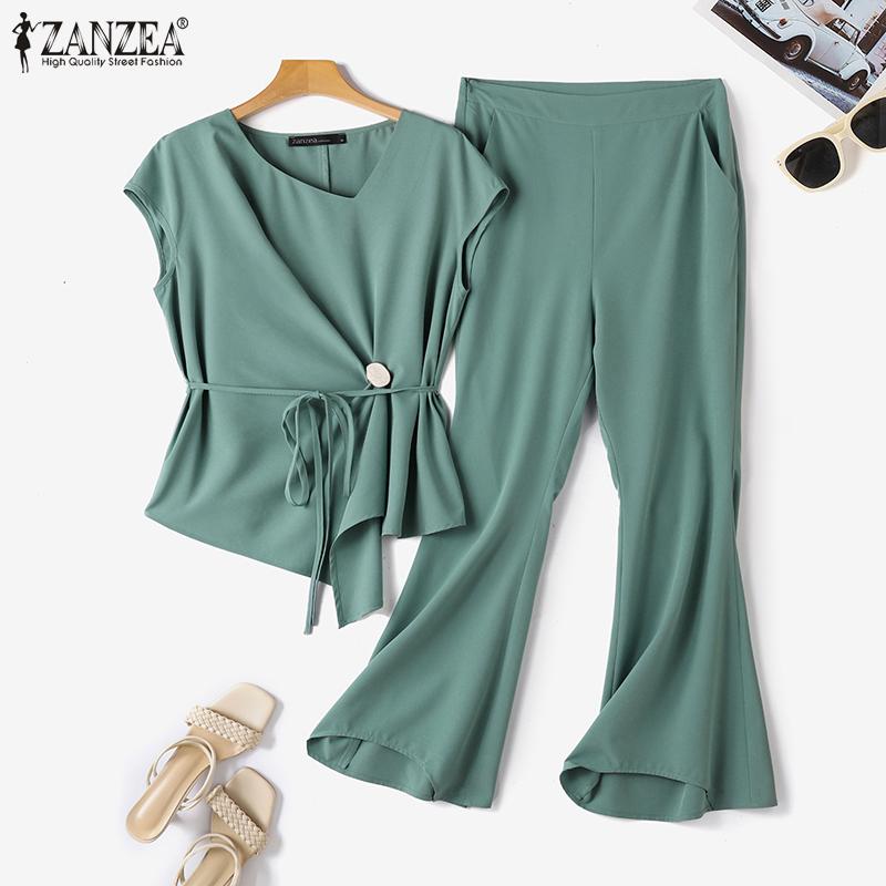 

ZANZEA Женская блузка и брюки Летний повседневный комплект из двух предметов с брюками