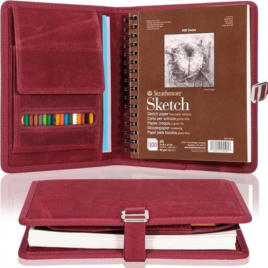 Plinyvel Sketchbook Cover, with Colored Pencil case, Compatible with Strathmore Sketchbook 5.5  x 8.5  inch, Waxed Canvas, for Art pens, Architects, красный
