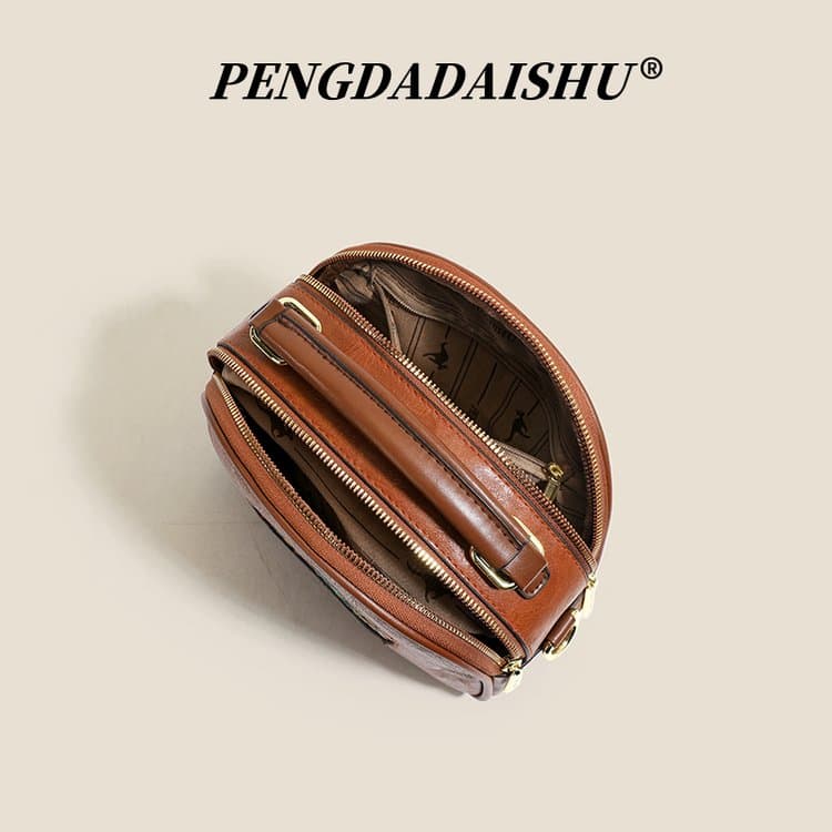 Vintage embossed soft leather small round bag women's shoulder bag