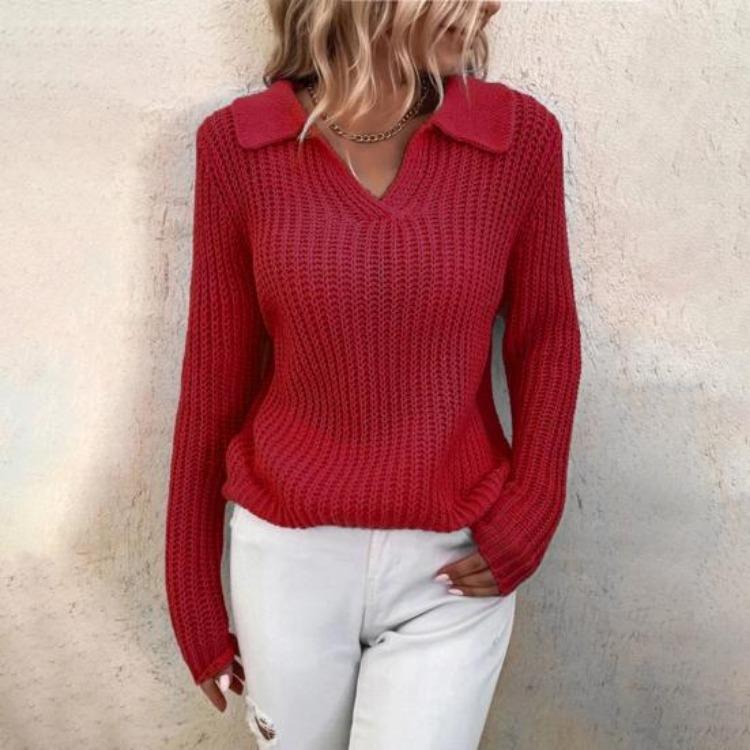 Women Slim Turn Down Collar Long Sleeve Solid Color Knitted Sweater Jumper Autumn Winter Female Clothing