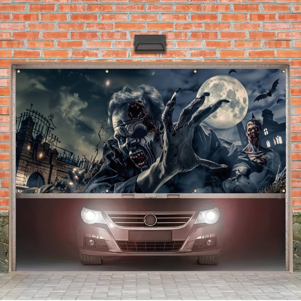 Halloween garage door banner large outdoor wall decoration full moon zombie and bat scene party atmosphere background