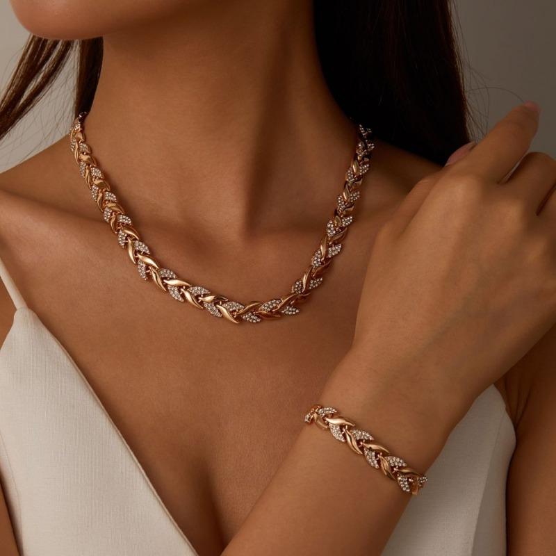 Women Rose Gold Leaf Inlaid Zircon Chain Necklace Bracelet Jewelry Set 1pcs