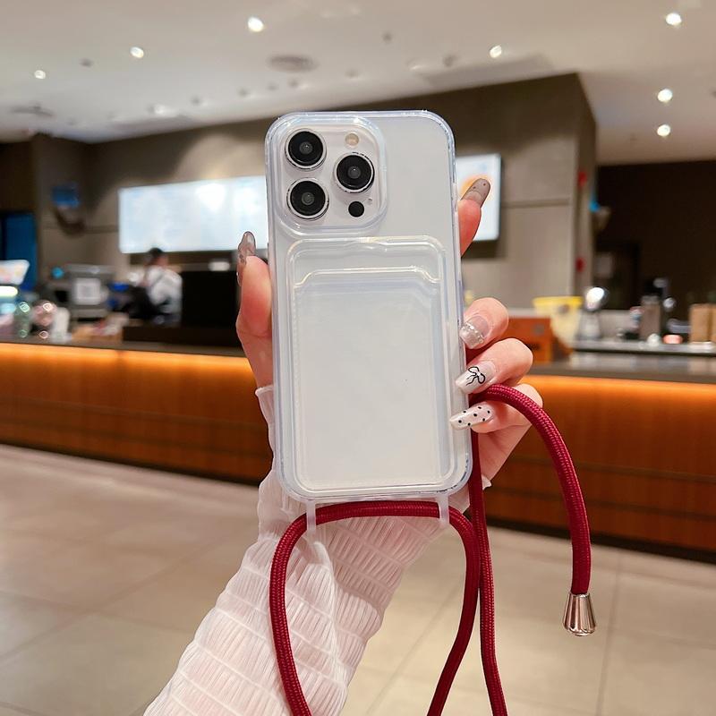 Simple Clear Card Slot Phone Shell For Apple iPhone 15 14 Pro Max Plus 13 12 Pro 11 Color Crossbody Lanyard Soft Silicone Shockproof Case Cover