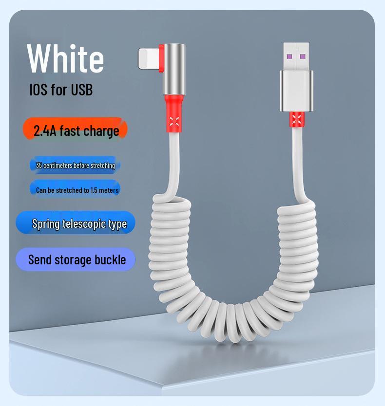 Câble USB Rétractable à Ressort Double Coude 6A Charge Rapide pour Téléphones & Voitures