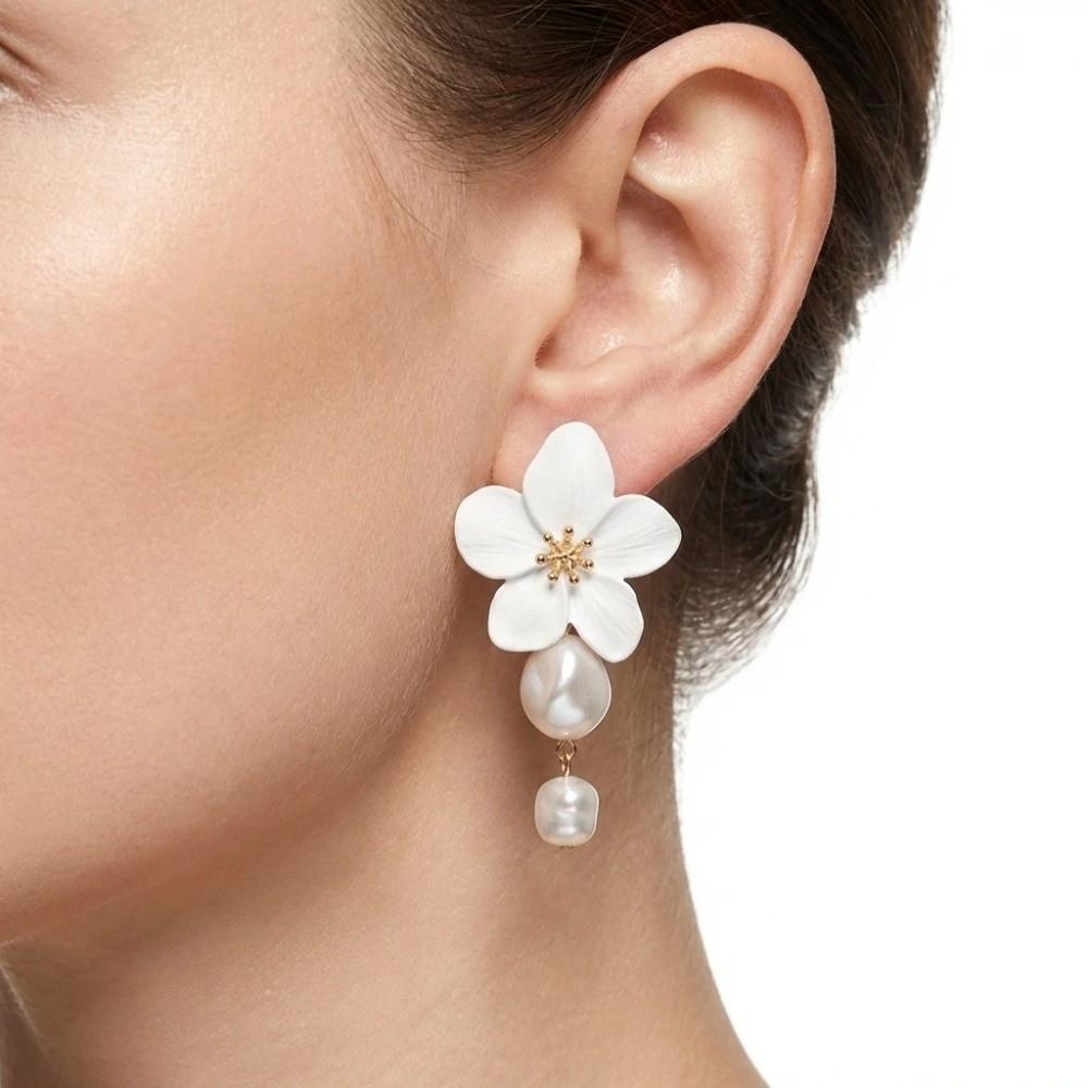 White Flower Drop Earrings Drop Shape Dangle Earrings Fashion Imitation Pearl Earrings  Gift