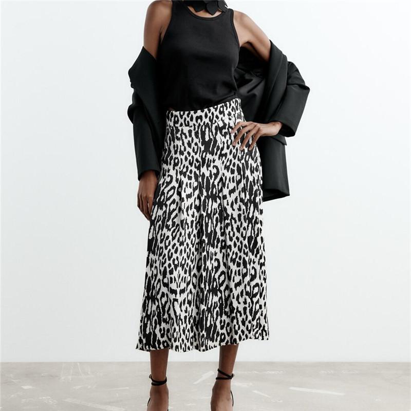 Dámské elegantní sukně do poloviny lýtek Leopard Midi Vintage s vysokým pasem na boční zip