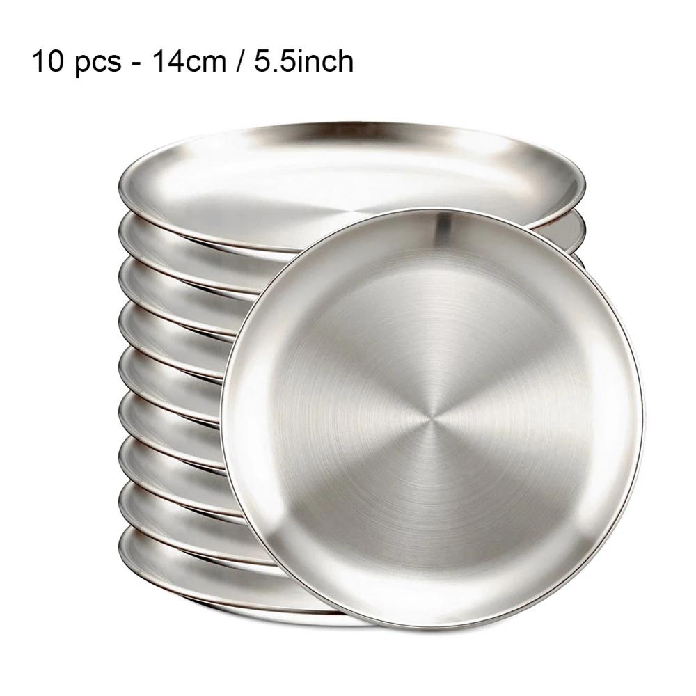 

10Pcs Silver Stainless Steels Metal Round Plate Rust-Proof Shallow Tray Plate Camping Plate BBQ Picnic Dishes Cookware Tableware