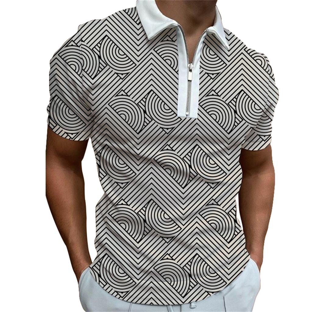Spring and summer zipper men's short sleeved casual polo shirt men's fashion printed collar