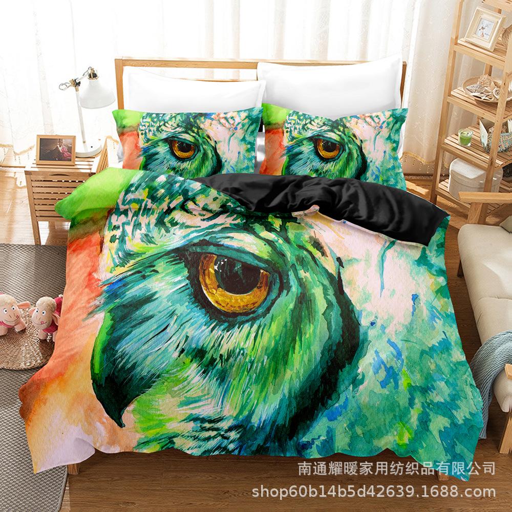 3D Digital Printing Bedding Four-Piece Set Three-Piece Set Owl Black Bed Sheet Quilt Pillow