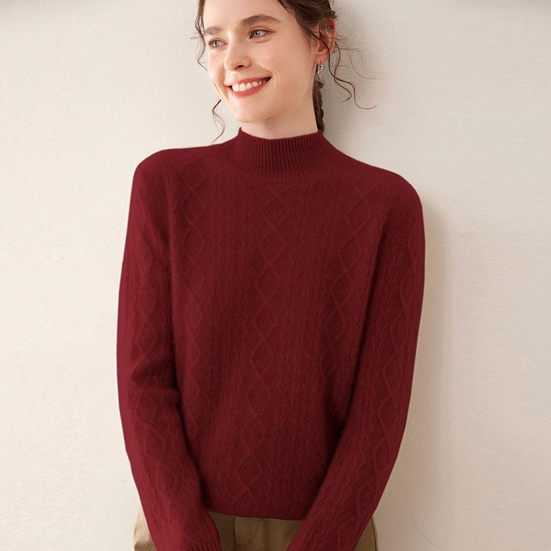 Women's Slim Fit Cashmere Cable Knit Pullover with Half-High Collar