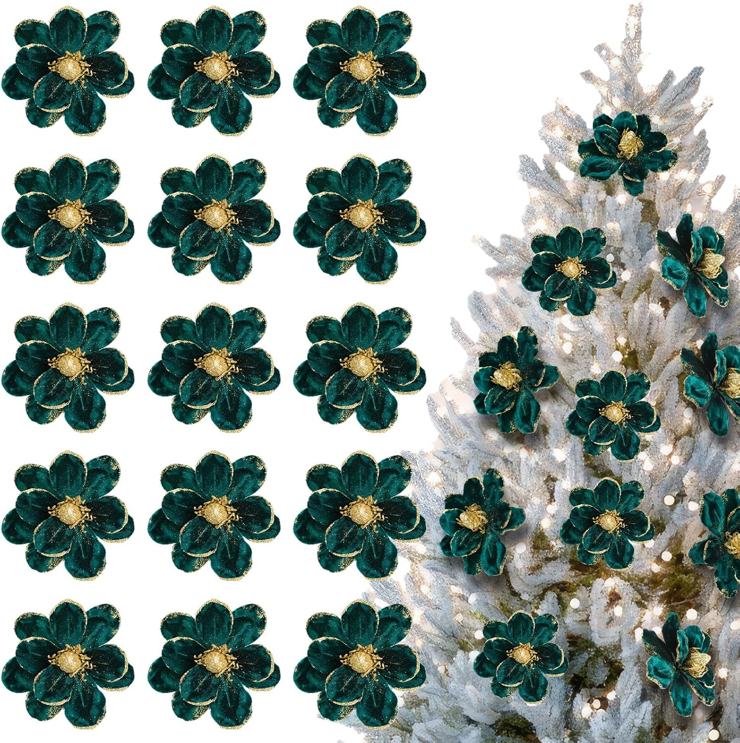 

10 шт. Рождественские блестящие цветы 6 Белые магнолии пуансеттии украшения с клипсами для украшения елки, венка, гирлянды 0.6M зелёный