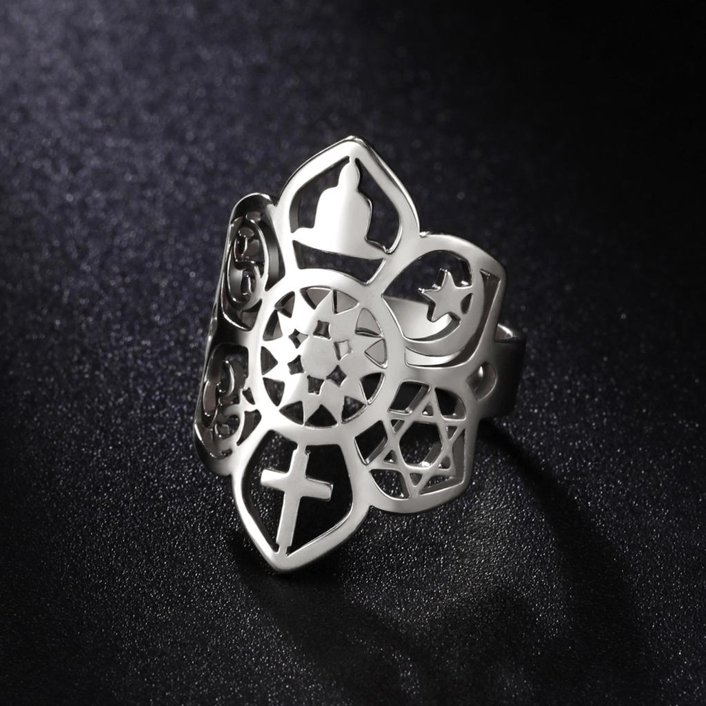 LIKGREAT Stainless Steel Lotus Flower Ring Moon Star Yoga Cross Star of David YinYang Symbol Rings Spiritual Amulet Jewelry