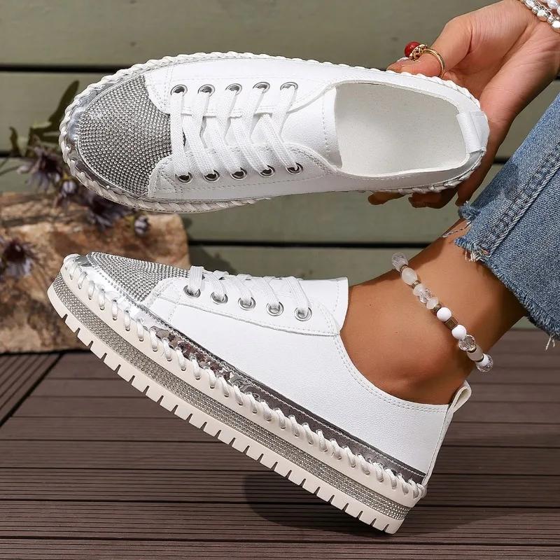 2026 Plus Size Shoes Female Lace Up Women's Vulcanize Shoes Platform Women Sneakers Crystal Round Toe Flat Ladies Casual Shoes